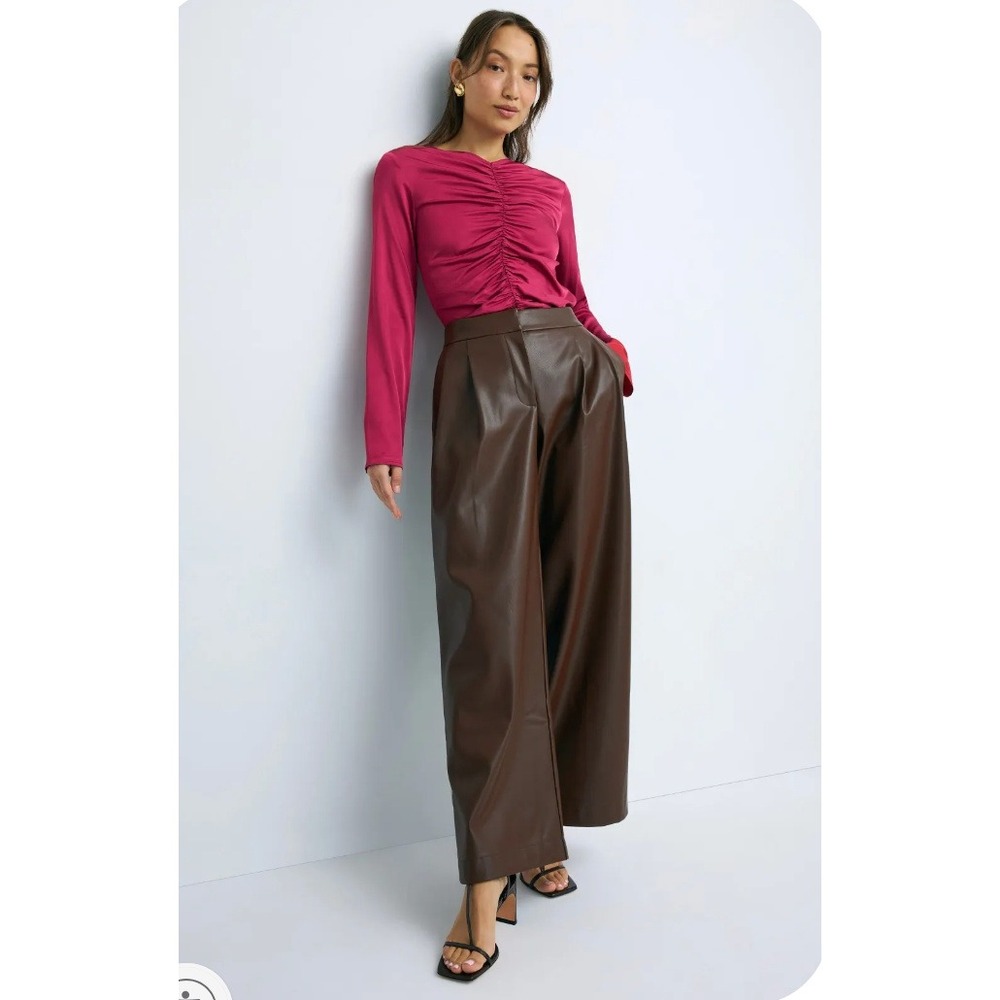 Peter Som Faux Leather Trousers Brown Pants Wide Leg Pleated Sz 2